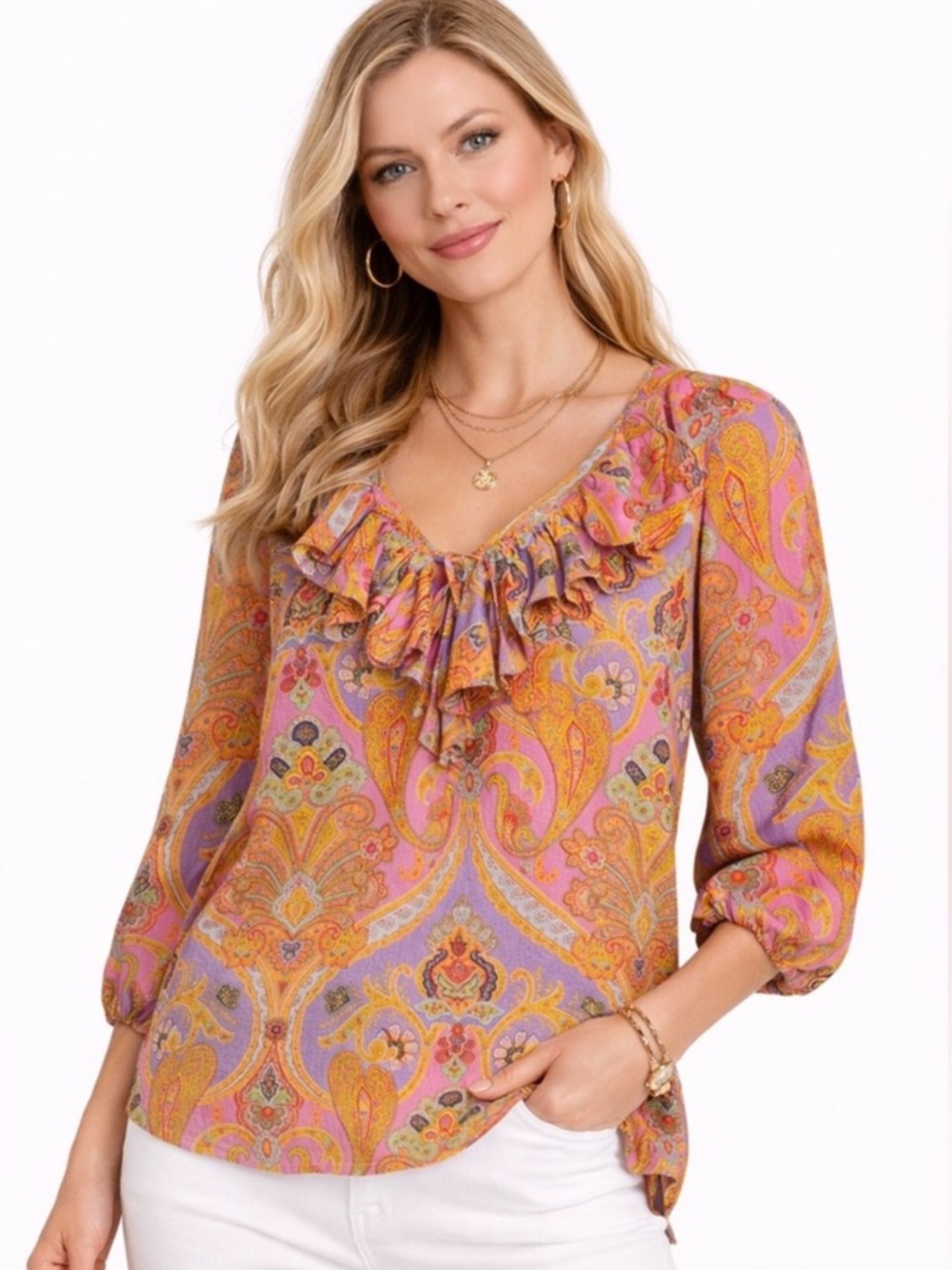 Lauren Ralph Lauren Paisley Boho Tunic Blouse Ruffle Neck XL